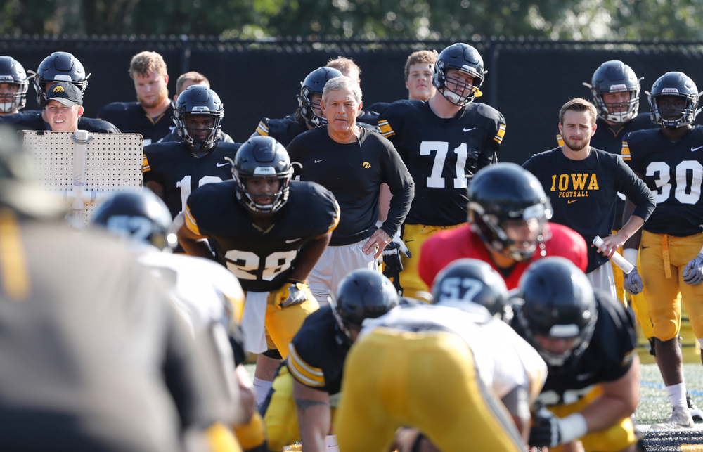 Iowa Hawkeyes head coach Kirk Ferentz during camp practice No. 17 Wednesday, August 22, 2018 at the Kenyon Football Practice Facility. (Brian Ray/hawkeyesports.com)