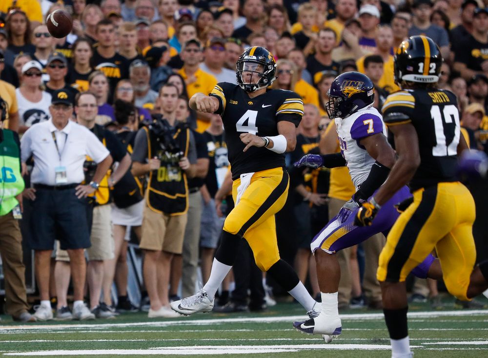 Iowa Hawkeyes quarterback Nate Stanley (4) passes the ball during a game against Northern Iowa at Kinnick Stadium on September 15, 2018. (Tork Mason/hawkeyesports.com)