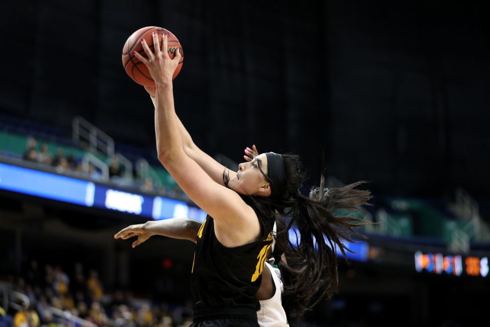 Iowa Hawkeyes forward Megan Gustafson (10) against the Baylor Lady Bears in the regional final of the 2019 NCAA Women's College Basketball Tournament Monday, April 1, 2019 at Greensboro Coliseum in Greensboro, NC.(Brian Ray/hawkeyesports.com)