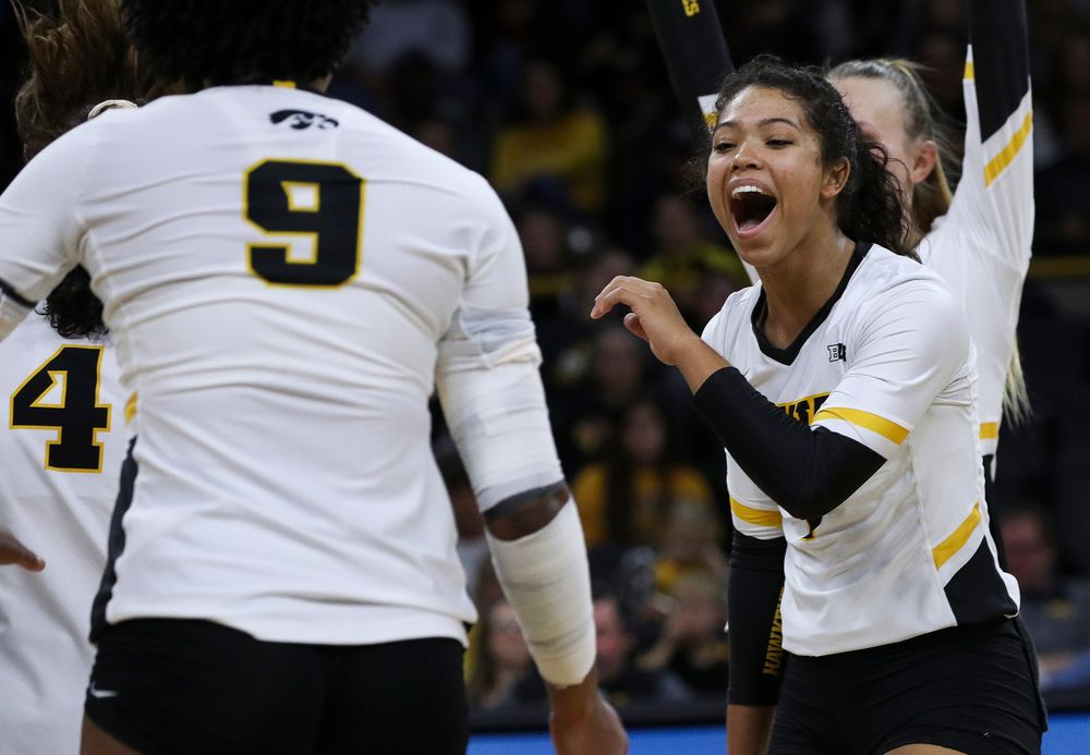 Iowa Hawkeyes setter Brie Orr (7) celebrates after winning a point during a match against Penn State at Carver-Hawkeye Arena on November 3, 2018. (Tork Mason/hawkeyesports.com)