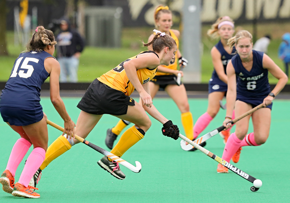 Iowa’s Esme Gibson (15) cuts through defenders with the ball during the third quarter of their game against UC Davis at Grant Field in Iowa City on Sunday, Oct 6, 2019. (Stephen Mally/hawkeyesports.com)