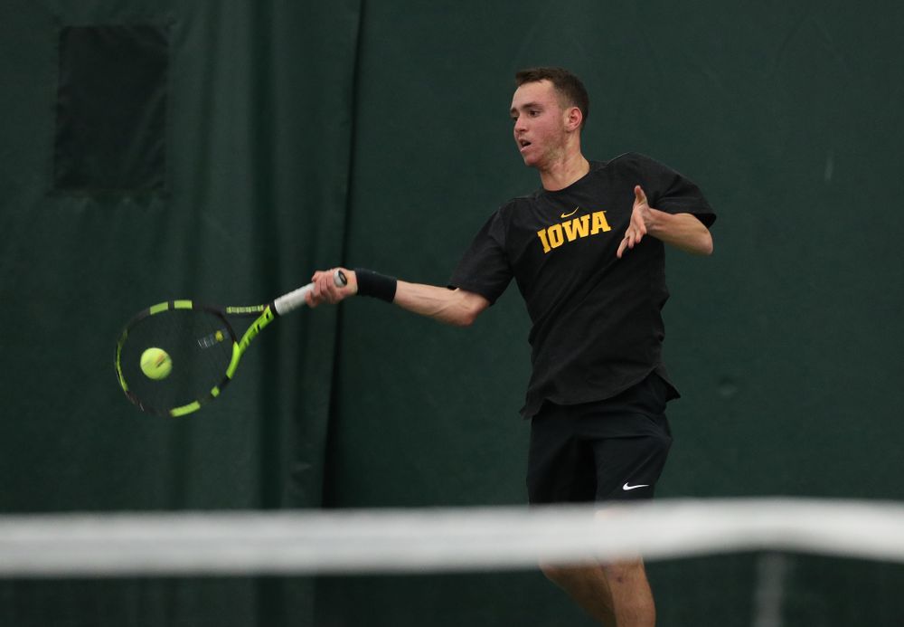Iowa's Kareem Allaf against UMKC Friday, February 15, 2019 at the Hawkeye Tennis and Recreation Complex. (Brian Ray/hawkeyesports.com)