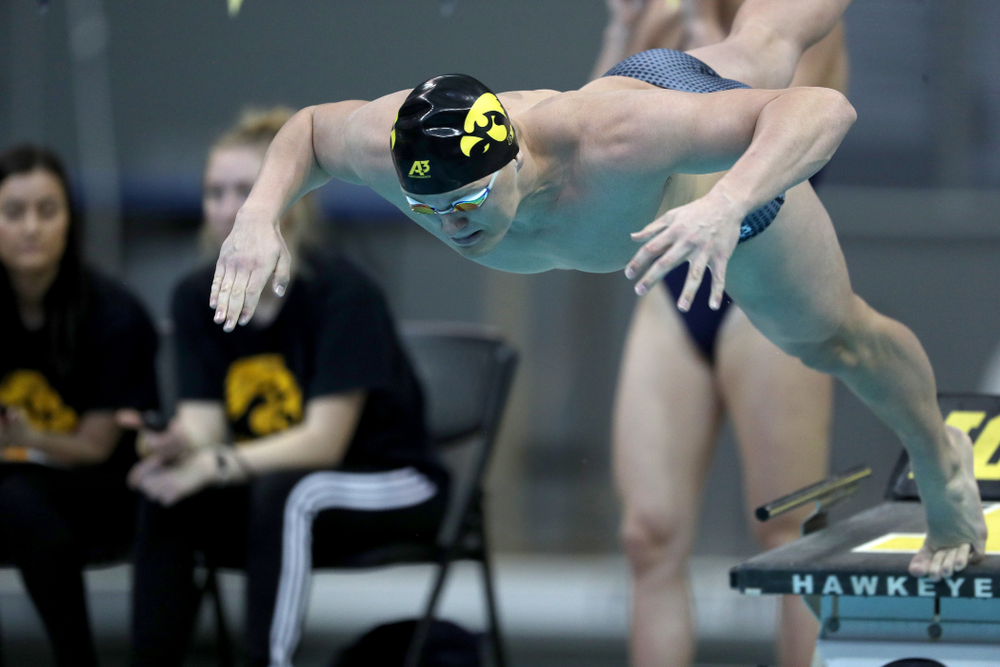 IowaÕs Will Myhre competes in the 100 yard breaststroke against Notre Dame and Illinois Saturday, January 11, 2020 at the Campus Recreation and Wellness Center. (Brian Ray/hawkeyesports.com)