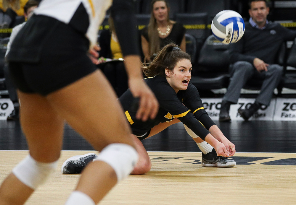 Iowa Hawkeyes defensive specialist Molly Kelly (1) digs the ball during a match against Maryland at Carver-Hawkeye Arena on November 23, 2018. (Tork Mason/hawkeyesports.com)