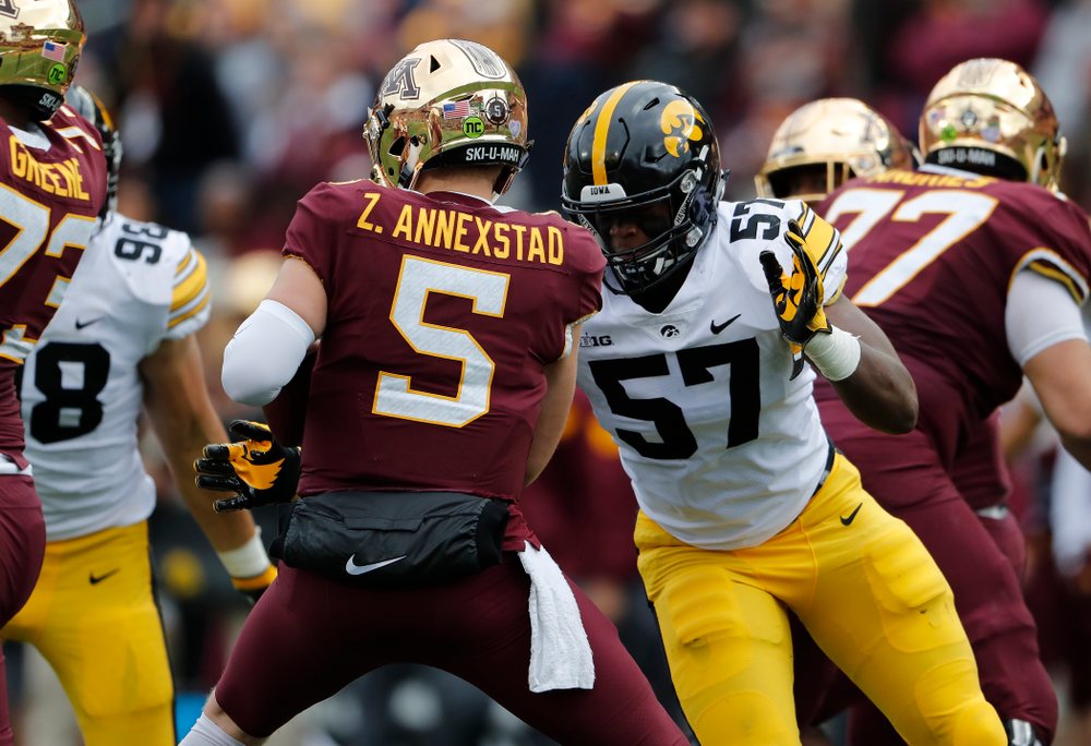 Iowa Hawkeyes defensive end Chauncey Golston (57) against the Minnesota Golden Gophers Saturday, October 6, 2018 at TCF Bank Stadium. (Brian Ray/hawkeyesports.com)