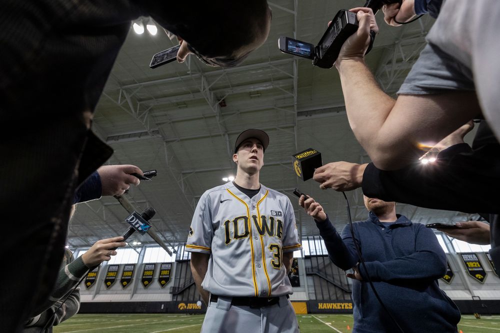 Iowa Hawkeyes Connor McCaffery (30) answers questions from reporters during the team's annual media day Tuesday, February 5, 2019 in the Indoor Practice Facility. (Brian Ray/hawkeyesports.com)