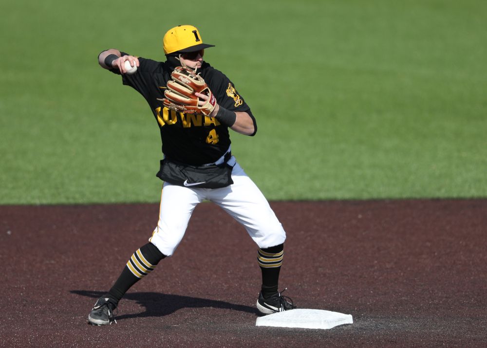 Iowa Hawkeyes infielder Mitchell Boe (4) against California State Northridge Sunday, March 17, 2019 at Duane Banks Field. (Brian Ray/hawkeyesports.com)