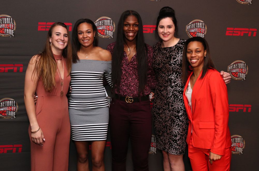 Iowa Hawkeyes forward Megan Gustafson (10) and the other Wooden Award finalists on the red carpet before the ESPN College Basketball Awards show Friday, April 12, 2019 at The Novo at LA Live. (Brian Ray/hawkeyesports.com)