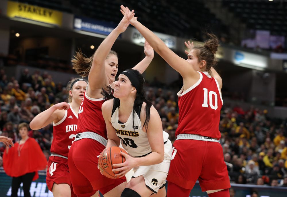Iowa Hawkeyes forward Megan Gustafson (10) against the Indiana Hoosiers in the quarterfinals of the Big Ten Tournament Friday, March 8, 2019 at Bankers Life Fieldhouse in Indianapolis, Ind. (Brian Ray/hawkeyesports.com)