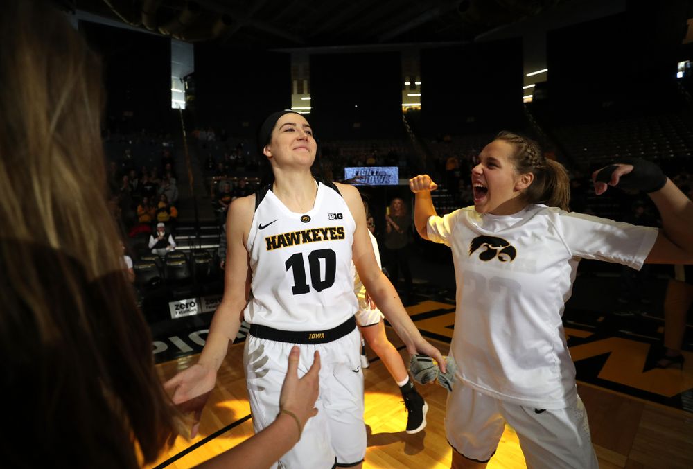 Iowa Hawkeyes forward Megan Gustafson (10) and guard Kathleen Doyle (22) against the IUPUI Jaguars Saturday, December 8, 2018 at Carver-Hawkeye Arena. (Brian Ray/hawkeyesports.com)
