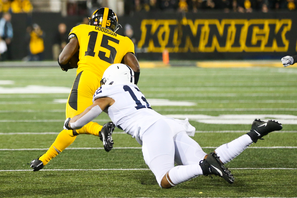 Iowa Hawkeyes running back Tyler Goodson (15) during Iowa football vs Penn State on Saturday, October 12, 2019 at Kinnick Stadium. (Lily Smith/hawkeyesports.com)
