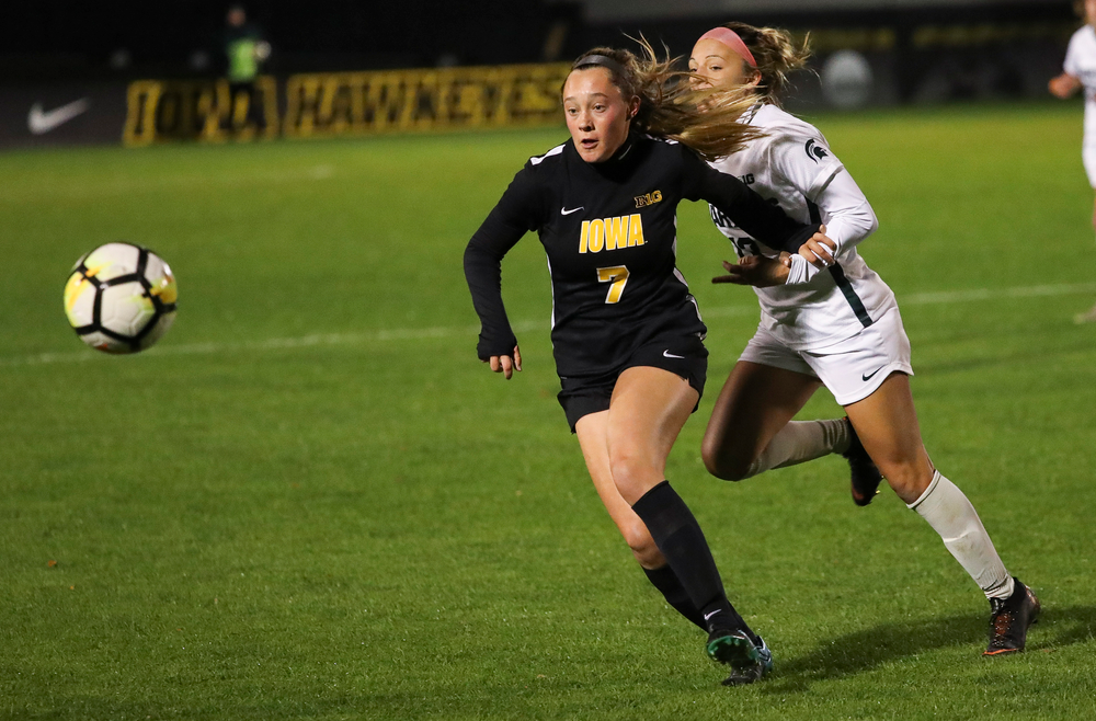 Iowa Hawkeyes forward Skylar Alward (7) chases down the ball during a game against Michigan State at the Iowa Soccer Complex on October 12, 2018. (Tork Mason/hawkeyesports.com)