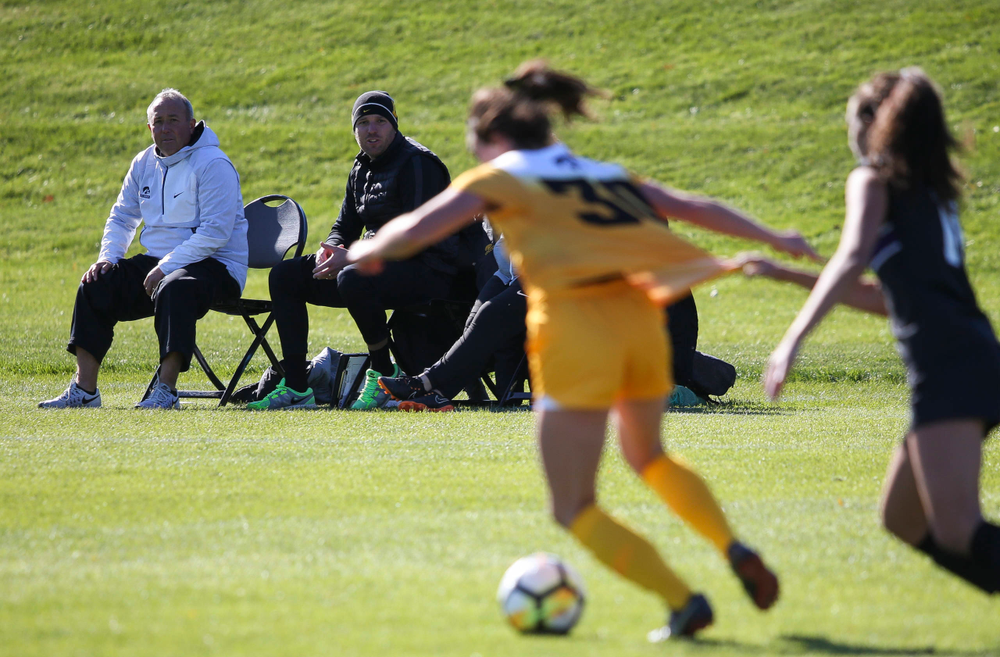 Iowa Hawkeyes head coach Dave DiIanni watches from the sideline during a game against Northwestern at the Iowa Soccer Complex on October 21, 2018. (Tork Mason/hawkeyesports.com)