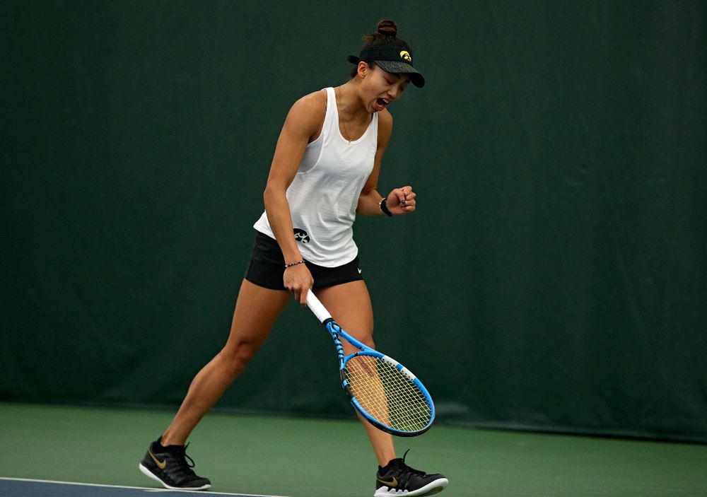 Iowa’s Michelle Bacalla celebrates a point during her singles match at the Hawkeye Tennis and Recreation Complex in Iowa City on Sunday, February 23, 2020. (Stephen Mally/hawkeyesports.com)