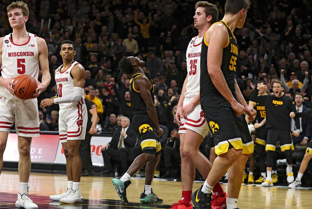 Iowa Hawkeyes guard Joe Toussaint (1) is pumped up after making a basket while being fouled during the second half of their game at Carver-Hawkeye Arena in Iowa City on Monday, January 27, 2020. (Stephen Mally/hawkeyesports.com)