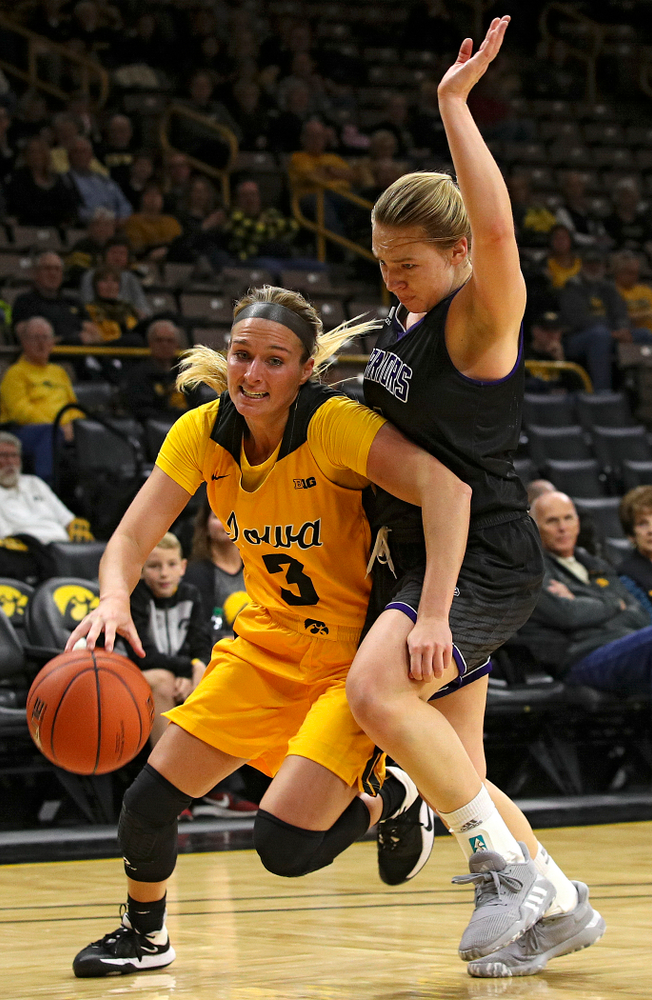 Iowa guard Makenzie Meyer (3) drives with the ball during the fourth quarter of their game against Winona State at Carver-Hawkeye Arena in Iowa City on Sunday, Nov 3, 2019. (Stephen Mally/hawkeyesports.com)