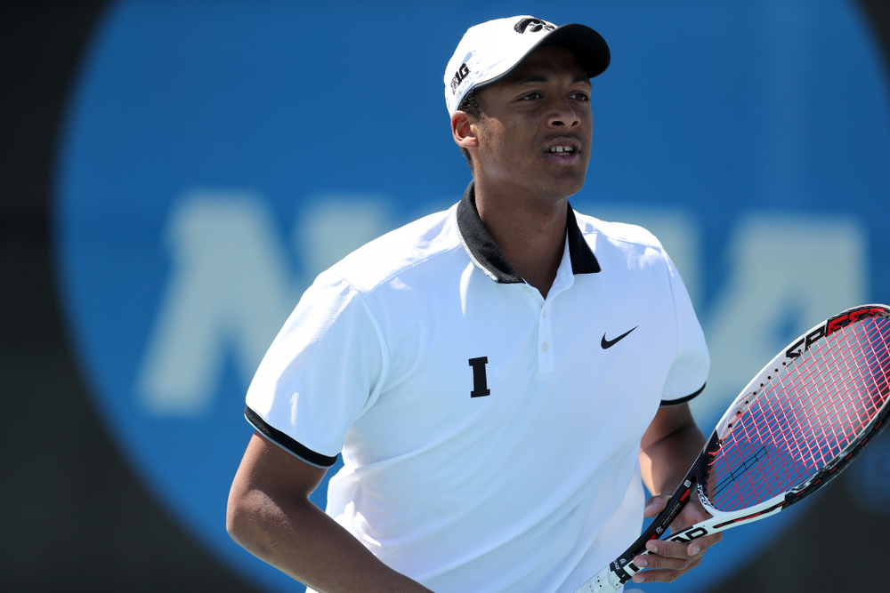 IowaÕs Oliver Okonkwo and Will Davies play a doubles match against the Michigan Wolverines Sunday, April 21, 2019 at the Hawkeye Tennis and Recreation Complex. (Brian Ray/hawkeyesports.com)