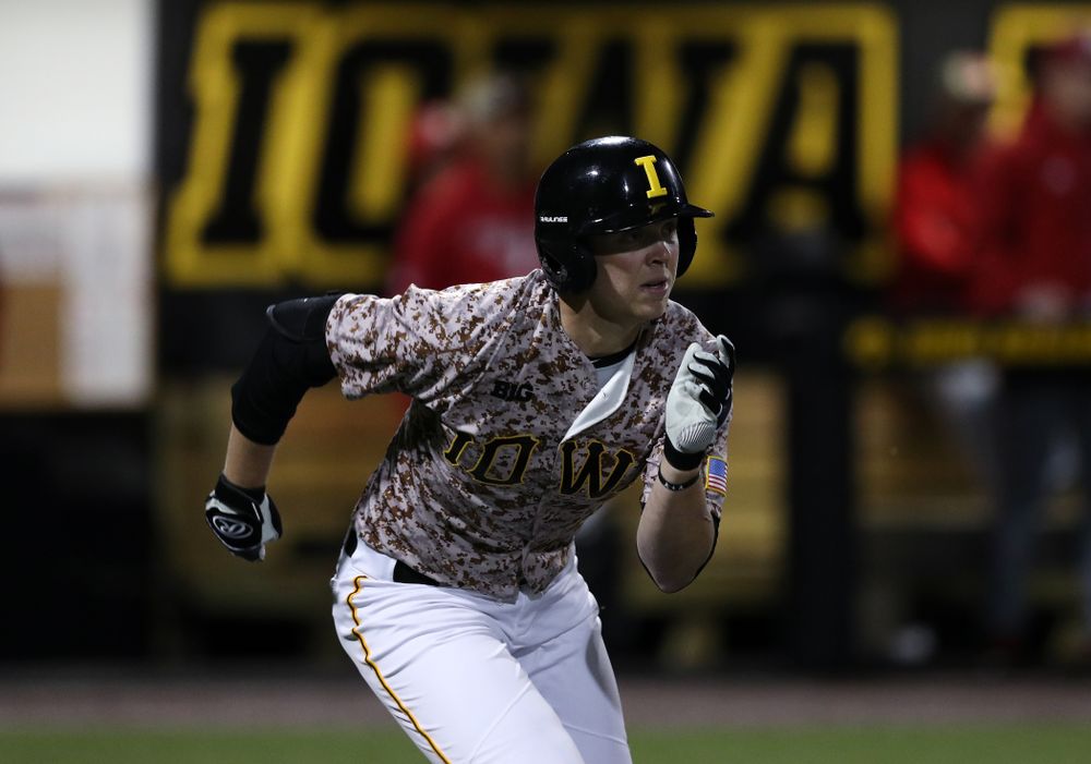 Iowa Hawkeyes Zeb Adreon (5) drives in the game winning run in the bottom of the 9th against the Nebraska Cornhuskers on Military Appreciation Night Friday, April 19, 2019 at Duane Banks Field. (Brian Ray/hawkeyesports.com)
