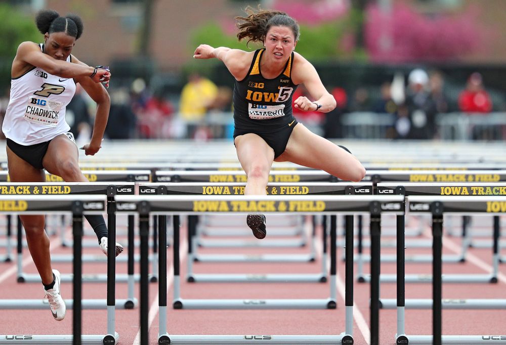 Iowa's Jenny Kimbro runs the women’s 100 meter hurdles event on the second day of the Big Ten Outdoor Track and Field Championships at Francis X. Cretzmeyer Track in Iowa City on Saturday, May. 11, 2019. (Stephen Mally/hawkeyesports.com)