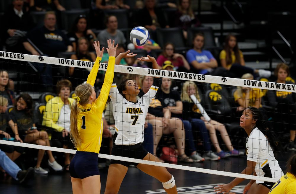 Iowa Hawkeyes setter Gabrielle Orr (7) against the Michigan Wolverines Sunday, September 23, 2018 at Carver-Hawkeye Arena. (Brian Ray/hawkeyesports.com)