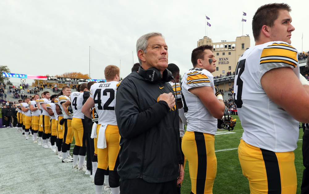 Iowa Hawkeyes head coach Kirk Ferentz against the Northwestern Wildcats Saturday, October 26, 2019 at Ryan Field in Evanston, Ill. (Brian Ray/hawkeyesports.com)