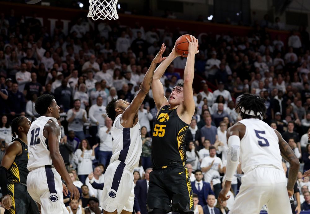 Iowa Hawkeyes forward Luka Garza (55) against Penn State Saturday, January 4, 2020 at the Palestra in Philadelphia. (Brian Ray/hawkeyesports.com)