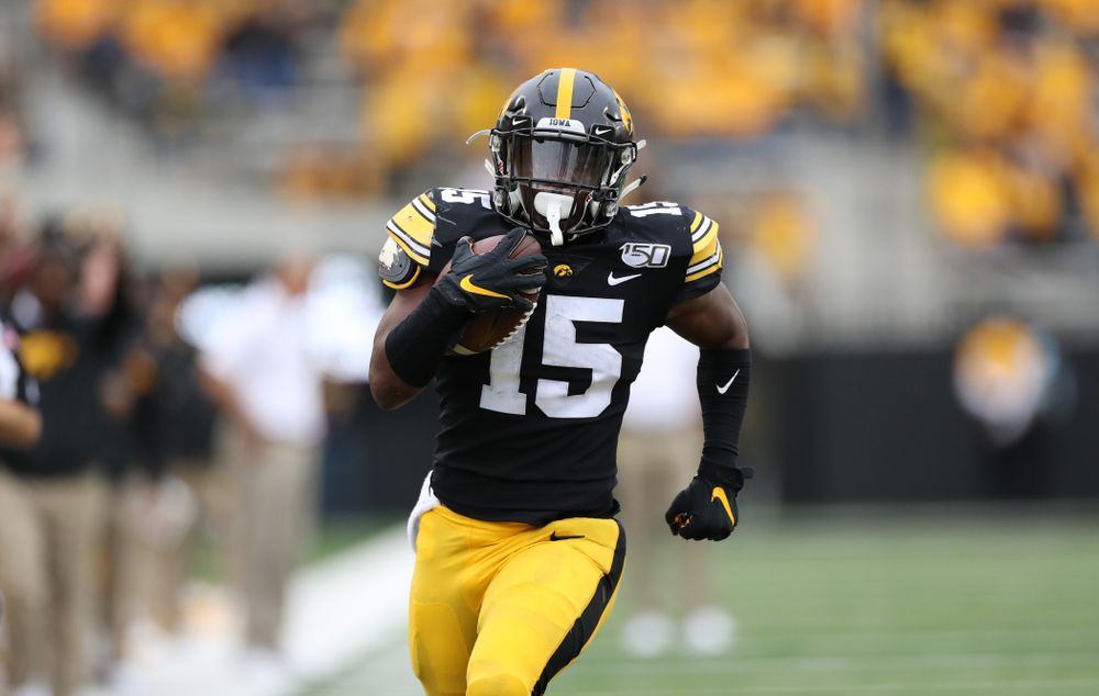 Iowa Hawkeyes running back Tyler Goodson (15) against Middle Tennessee State Saturday, September 28, 2019 at Kinnick Stadium. (Max Allen/hawkeyesports.com)