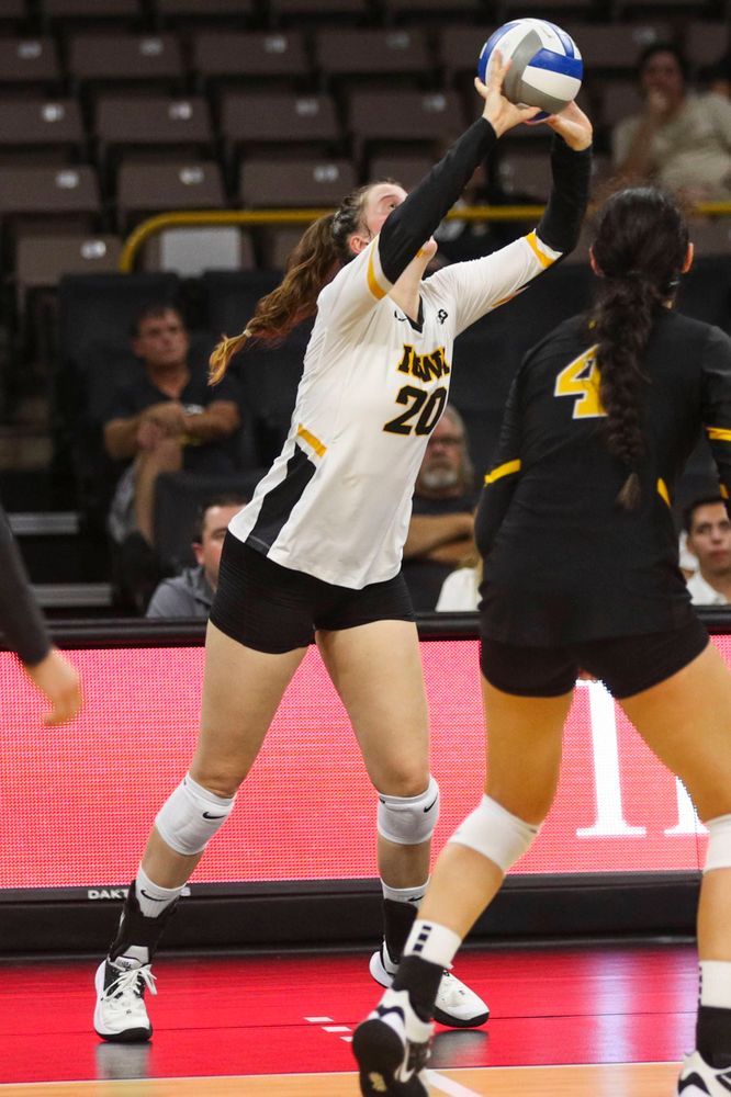 Iowa Hawkeyes outside hitter Edina Schmidt (20) against Coastal Carolina Friday, September 20, 2019 at Carver-Hawkeye Arena. (Lily Smith/hawkeyesports.com)