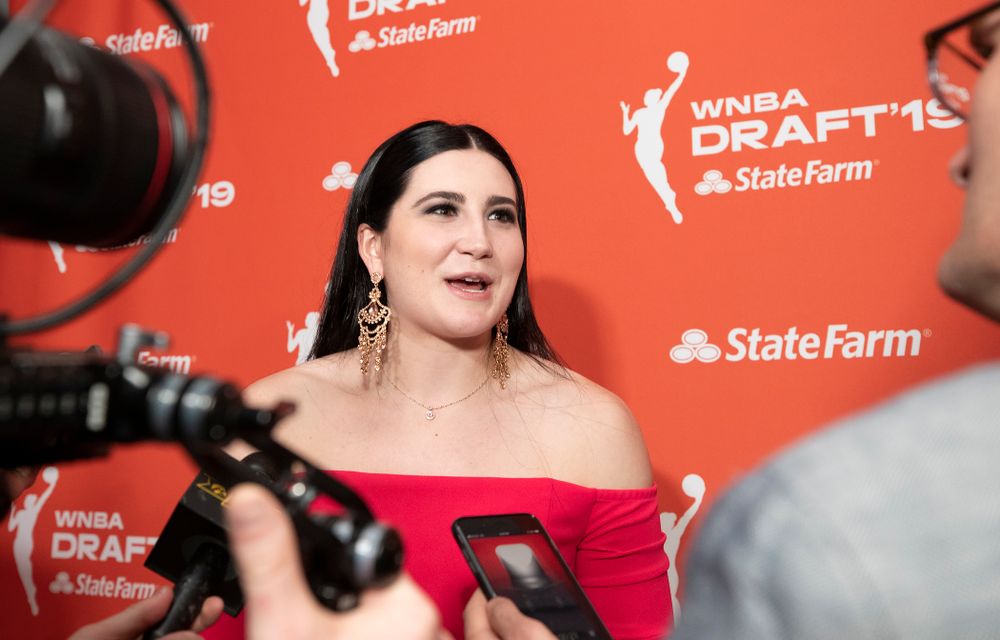 Iowa Hawkeyes forward Megan Gustafson (10) after being selected by the Dallas Wings in the second round of the 2019 WNBA Draft Wednesday, April 10, 2019 at Nike New York Headquarters in New York City. (Brian Ray/hawkeyesports.com)