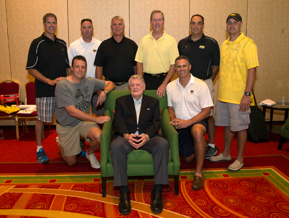 Former Hawkeye Football Head Coach Hayden Fry poses with some of his former quarterbacks before a panel discussion during Fry Fest Friday, Aug. 29, 2014 in Coralville. (Brian Ray/hawkeyesports.com)