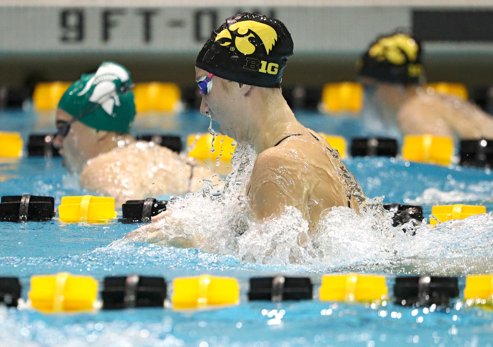 Iowa’s Zoe Mekus swims the breaststroke section of the 100-yard individual medley event during their meet against Michigan State at the Campus Recreation and Wellness Center in Iowa City on Thursday, Oct 3, 2019. (Stephen Mally/hawkeyesports.com)