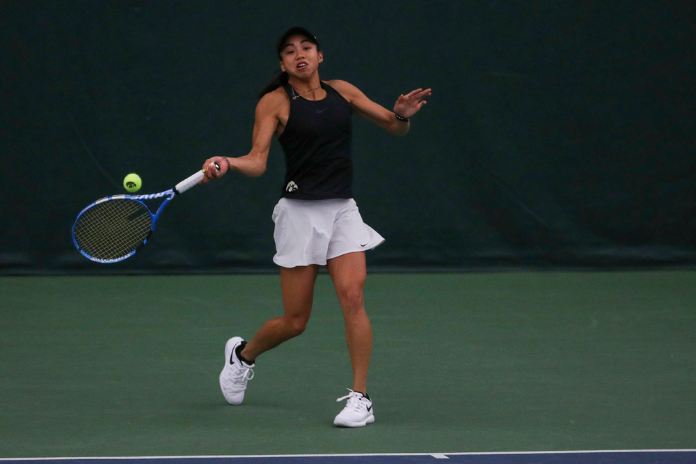 IowaÕs Michelle Bacalla at womenÕs tennis senior day vs Nebraska on Saturday, April 13, 2019 at the Hawkeye Tennis and Recreation Complex. (Lily Smith/hawkeyesports.com)