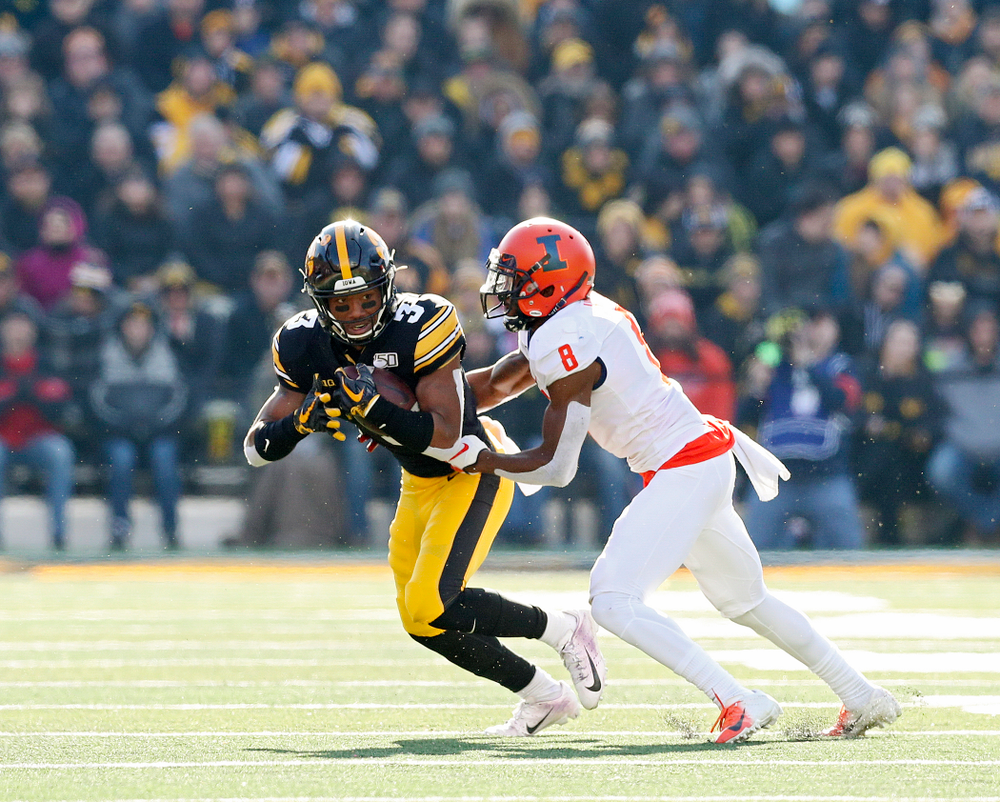 Iowa Hawkeyes wide receiver Tyrone Tracy Jr. (3) runs after pulling in a pass during the second quarter of their game at Kinnick Stadium in Iowa City on Saturday, Nov 23, 2019. (Stephen Mally/hawkeyesports.com)