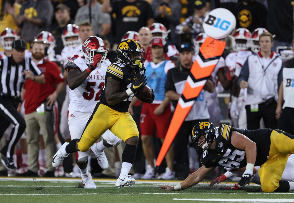 Iowa Hawkeyes running back Mekhi Sargent (10) against the Miami RedHawks Saturday, August 31, 2019 at Kinnick Stadium in Iowa City. (Brian Ray/hawkeyesports.com)