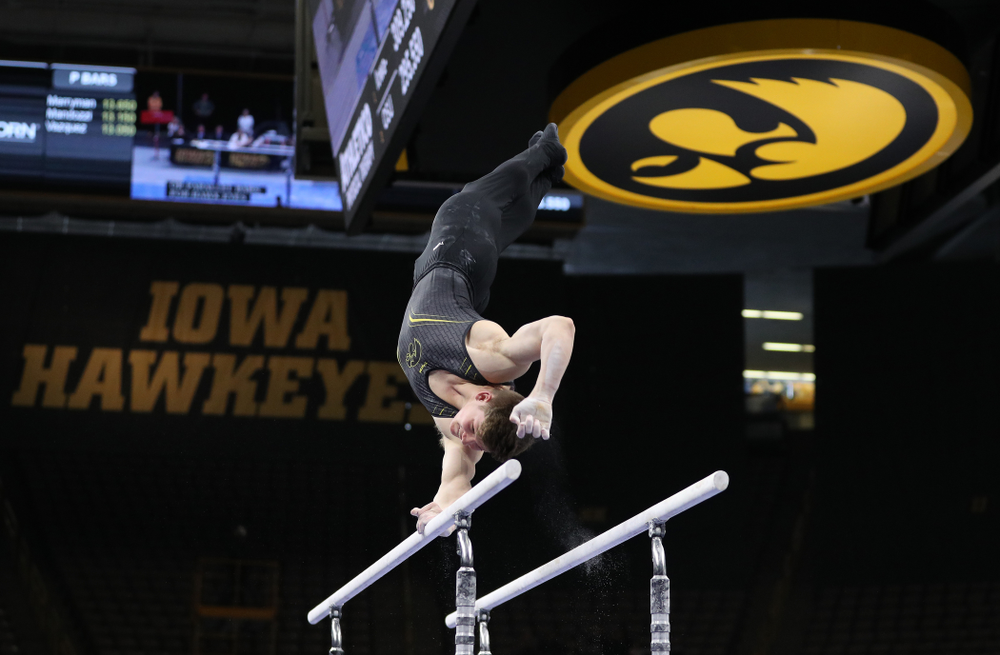 Iowa's Stewart Brown competes on the parallel bars against the Ohio State Buckeyes Saturday, March 16, 2019 at Carver-Hawkeye Arena. (Brian Ray/hawkeyesports.com)