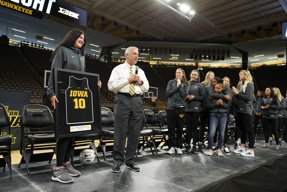 Henry B. and Patricia B. Tippie Director of Athletics Chair announces that the jersey of Iowa Hawkeyes forward Megan Gustafson (10) will be retired at a ceremony next season during the teamÕs Celebr-Eight event Wednesday, April 24, 2019 at Carver-Hawkeye Arena. (Brian Ray/hawkeyesports.com)