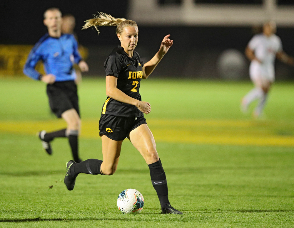 Iowa midfielder Hailey Rydberg (2) moves with the ball during the second half of their match against Illinois at the Iowa Soccer Complex in Iowa City on Thursday, Sep 26, 2019. (Stephen Mally/hawkeyesports.com)
