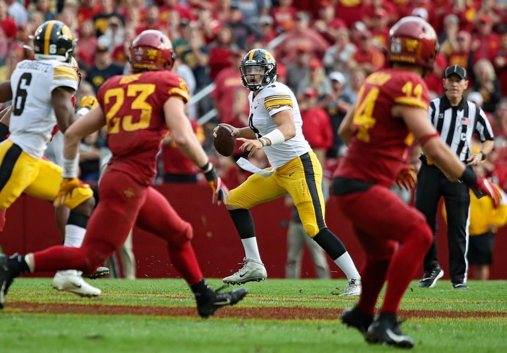 Iowa Hawkeyes quarterback Nate Stanley (4) scrables during the second quarter of their Iowa Corn Cy-Hawk Series game at Jack Trice Stadium in Ames on Saturday, Sep 14, 2019. (Stephen Mally/hawkeyesports.com)