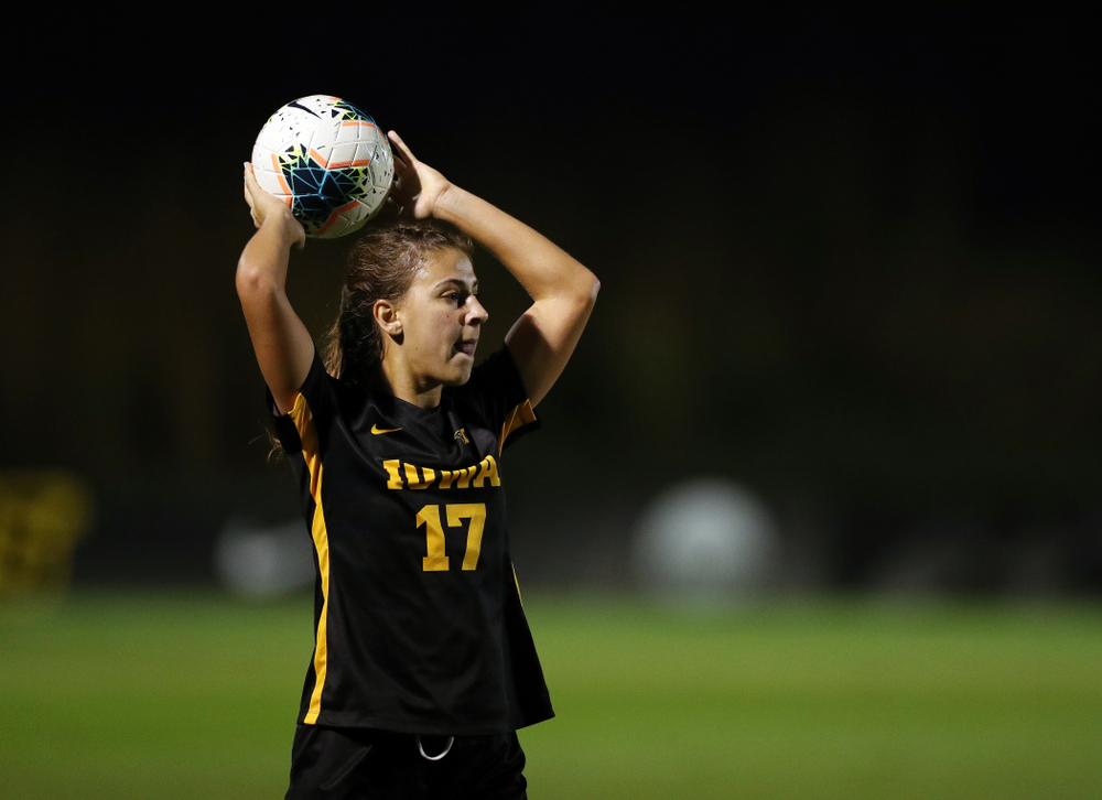 Iowa Hawkeyes defender Hannah Drkulec (17) against the Nebraska Cornhuskers Thursday, October 3, 2019 at the Iowa Soccer Complex. (Brian Ray/hawkeyesports.com)