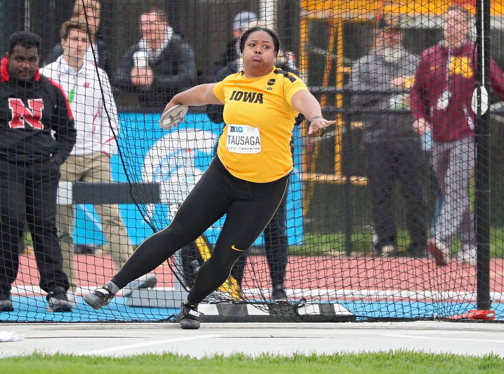 Iowa's Laulauga Tausaga throws in the women’s discus event on the third day of the Big Ten Outdoor Track and Field Championships at Francis X. Cretzmeyer Track in Iowa City on Sunday, May. 12, 2019. (Stephen Mally/hawkeyesports.com)