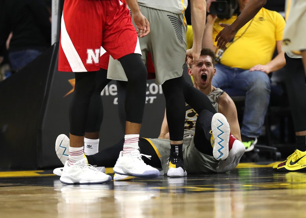 Iowa Hawkeyes guard Jordan Bohannon (3) reacts after drawing a charging foul against the Nebraska Cornhuskers Sunday, January 6, 2019 at Carver-Hawkeye Arena. (Brian Ray/hawkeyesports.com)
