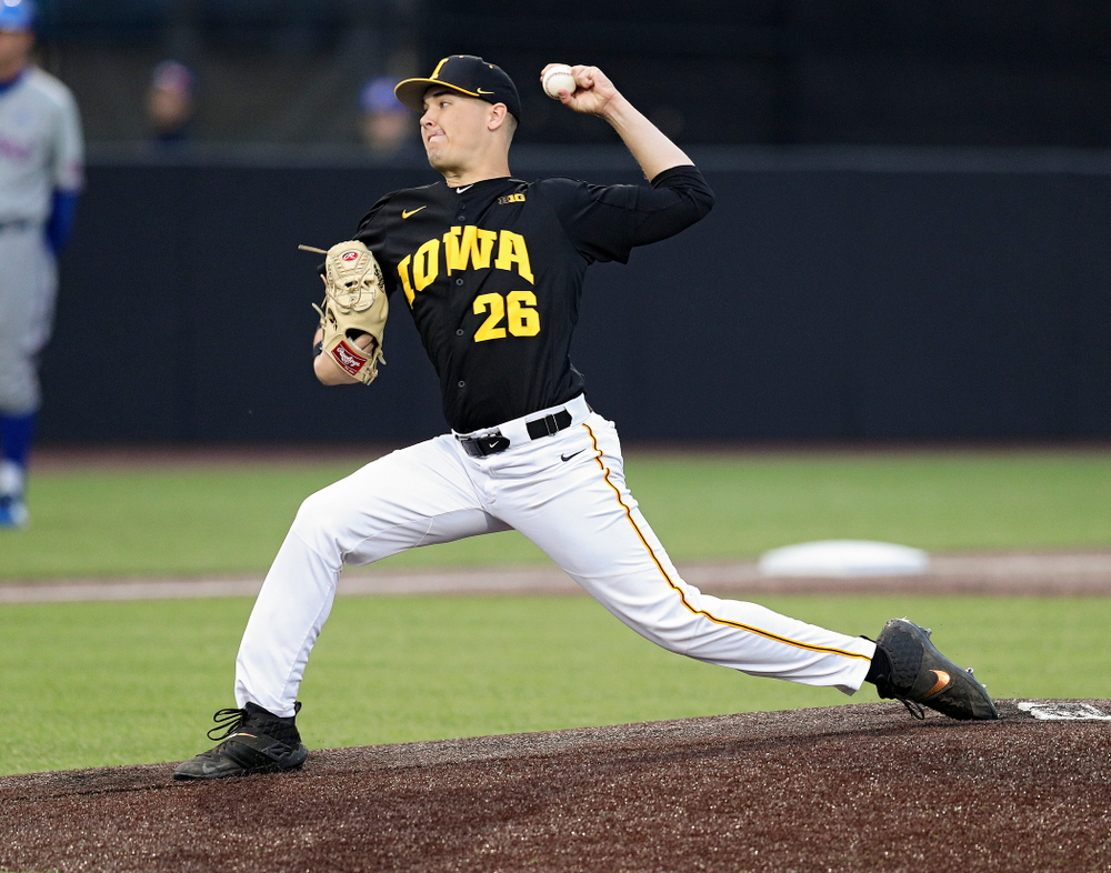 Iowa pitcher Adam Ketelsen (26) delivers to the plate during the ninth inning of their college baseball game at Duane Banks Field in Iowa City on Tuesday, March 10, 2020. (Stephen Mally/hawkeyesports.com)
