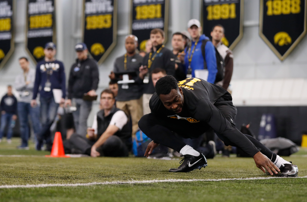Iowa Hawkeyes defensive back Joshua Jackson (15) during the team's annual pro day Monday, March 26, 2018 at the Hansen Football Performance Center. (Brian Ray/hawkeyesports.com)
