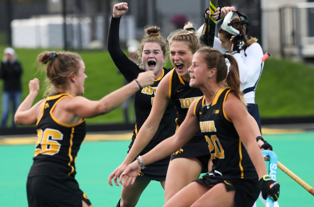 Iowa Hawkeyes midfielder Meghan Conroy (5) celebrates after a goal scored by Iowa Hawkeyes forward Madeleine Murphy (26) during a game against No. 6 Penn State at Grant Field on October 12, 2018. (Tork Mason/hawkeyesports.com)