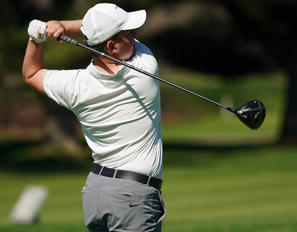 Iowa's Matthew Walker tees off during the first round of the Hawkeye Invitational at Finkbine Golf Course in Iowa City on Saturday, Apr. 20, 2019. (Stephen Mally/hawkeyesports.com)