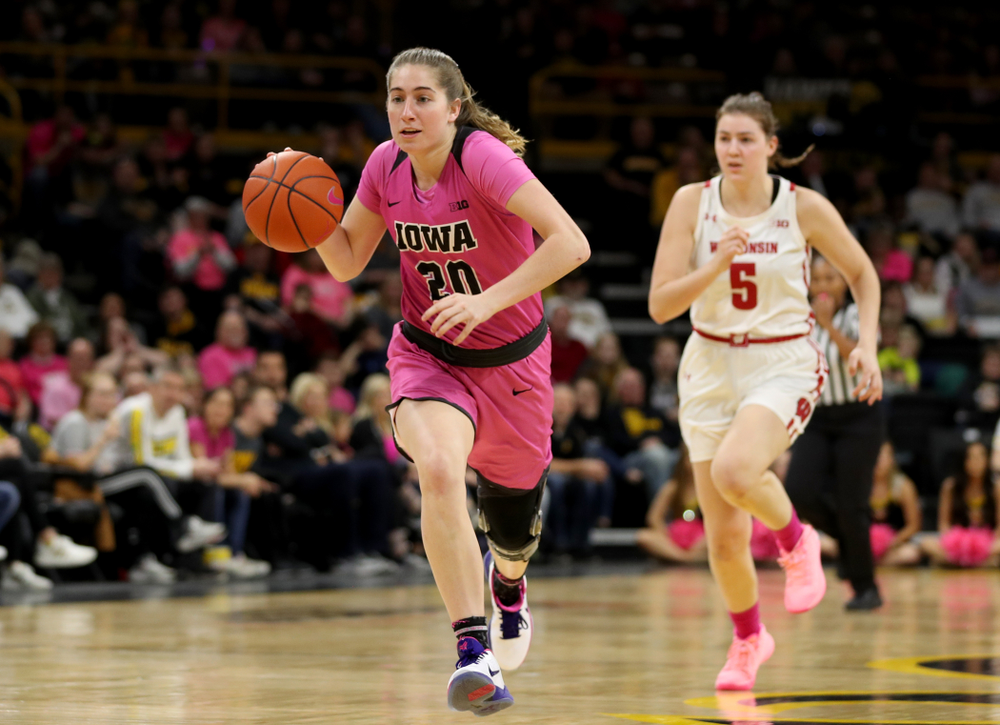 Iowa Hawkeyes guard Kate Martin (20) against the Wisconsin Badgers Sunday, February 16, 2020 at Carver-Hawkeye Arena. (Brian Ray/hawkeyesports.com)
