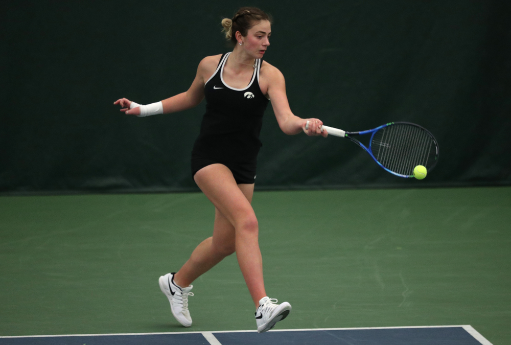 Iowa's Sophie Clark against the Penn State Nittany Lions Sunday, February 24, 2019 at the Hawkeye Tennis and Recreation Complex. (Brian Ray/hawkeyesports.com)