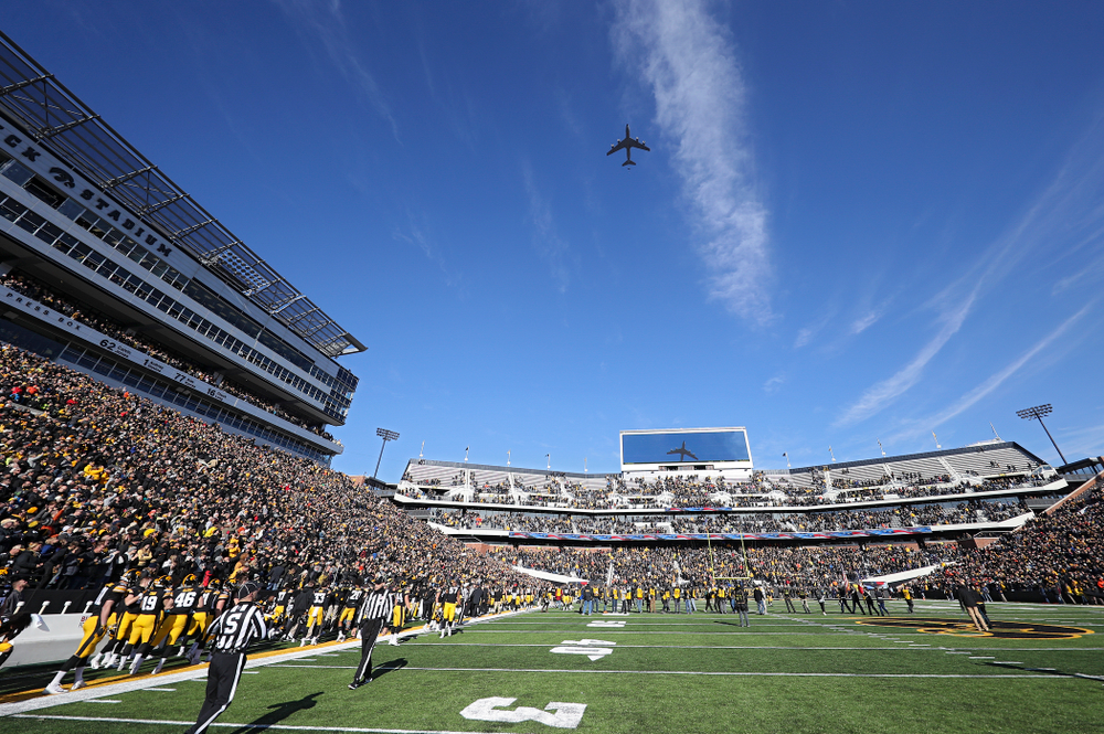 A flyover before their game at Kinnick Stadium in Iowa City on Saturday, Nov 23, 2019. (Stephen Mally/hawkeyesports.com)