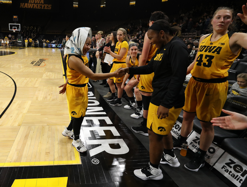 Iowa Hawkeyes guard Tania Davis (11) and guard Zion Sanders (24)against the Michigan State Spartans Thursday, February 7, 2019 at Carver-Hawkeye Arena. (Brian Ray/hawkeyesports.com)