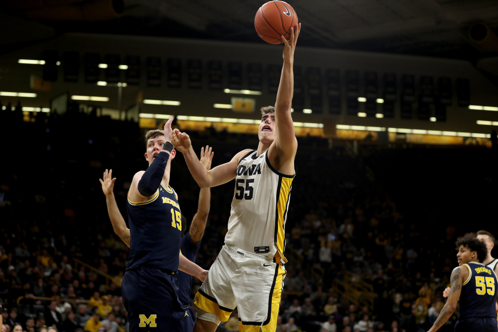 Iowa Hawkeyes forward Luka Garza (55) against the Michigan Wolverines Friday, January 17, 2020 at Carver-Hawkeye Arena. (Brian Ray/hawkeyesports.com)